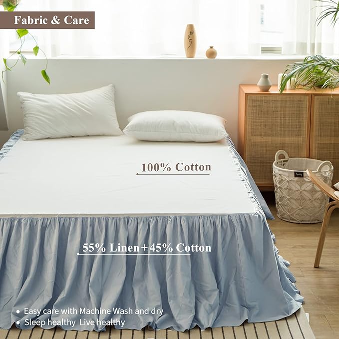 BISELINA French Linen Bed Skirt with Pleated Frills 22-Inch Tailored Drop Natural Flax Cotton Blend Dust Ruffle Soft Cozy Farmhouse Bedding (22" King, Dusty Blue)