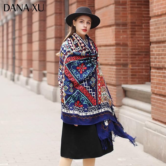 DANA XU 100% Merino Wool Pashmina Shawl for Women 96"x43", Oversized Cashmere Wrap with Tassels, Floral Travel Blanket Cape