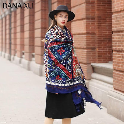 DANA XU 100% Merino Wool Pashmina Shawl for Women 96"x43", Oversized Cashmere Wrap with Tassels, Floral Travel Blanket Cape