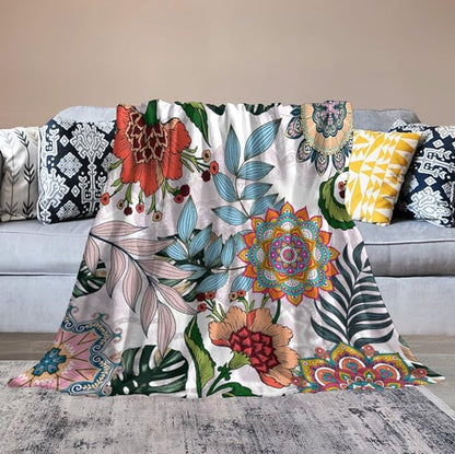 Boho Flowers Blanket for Women Girls, Rustic Bohemian Mandala Palm Leaves Plants Botanical Print Blanket for Bedroom Living Room Couch Sofa, 30"x40"