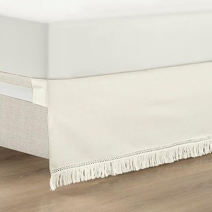 Lush Decor Boho Fringe 15-Inch Tailored Drop Easy Fit Bedskirt, Queen, Off-White