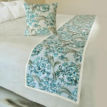 The HomeCentric King/Queen/Twin Blue Decorative Full 68"x18" Bed Runner with One Pillow Cover, Cotton & Pearl Embroidery Bed Scarf on Cotton Fabric - Blue Star Fauna