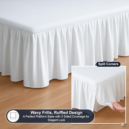 Cottington Lane Ruffled Bed Skirt Twin Size with Split Corner, Brushed Microfiber Hotel Quality White Dust Ruffle, 21 Inch Drop Gathered Bedskirt, Soft and Stylish, Shrinkage and Fade Resistant