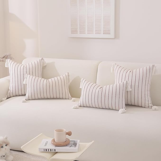 Decorative Boho Throw Pillow Covers 18x18 Inch Set of 2, Textured Linen Striped Pillow Covers with Tassels, Soft & Cozy Farmhouse Decorative Pillow Cases for Sofa Couch Bed Living Room
