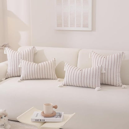 Decorative Boho Throw Pillow Covers 18x18 Inch Set of 2, Textured Linen Striped Pillow Covers with Tassels, Soft & Cozy Farmhouse Decorative Pillow Cases for Sofa Couch Bed Living Room