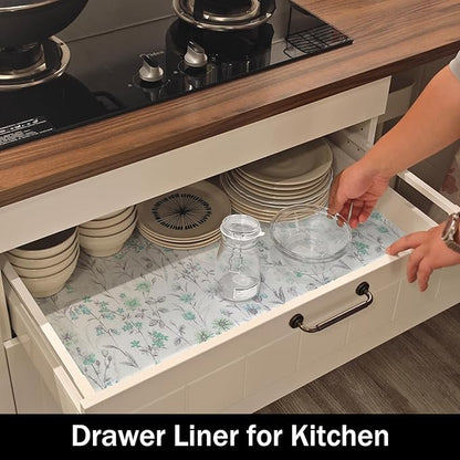 Blue and Green Floral Shelf Liners Non Adhesive and 12IN x 20FT Strong Non-Slip Shelf and Drawer Liners for Kitchen Cabinet Wire Fridge, Waterproof Shelf Drawer Liner,Easy to Clean