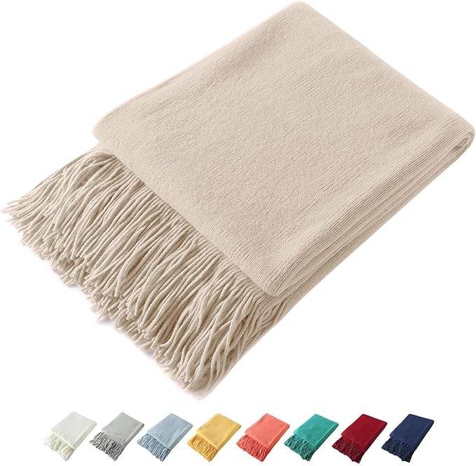 Homiest Decorative Knitted Throw Blanket with Fringe, Lightweight Acrylic Knit, Soft & Cozy Tassel Blanket for Couch, Sofa, Bed (Light Beige, 50 x 60 Inch)