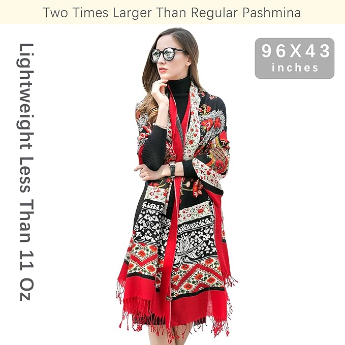 DANA XU 100% Merino Wool Extra Large Pashmina Blanket Travel Scarf Cashmere Wrap for Women Fall Winter Oversize Shawl Floral