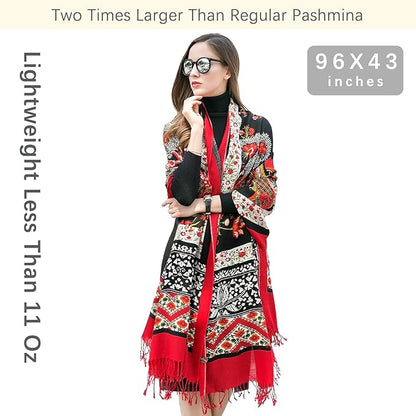 DANA XU 100% Merino Wool Extra Large Pashmina Blanket Travel Scarf Cashmere Wrap for Women Fall Winter Oversize Shawl Floral