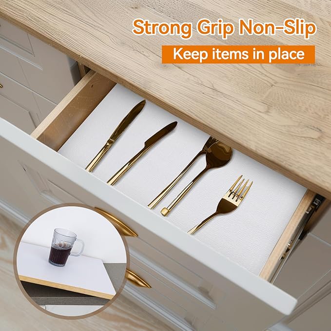 Shelf and Drawer Liner for Kitchen Cabinets Non-Adhesive, Strong Grip Non-Slip Thickened Cabinet Liners for Shelves, Waterproof Mats for Dresser Cupboard, White, 17 in x 10 Feet
