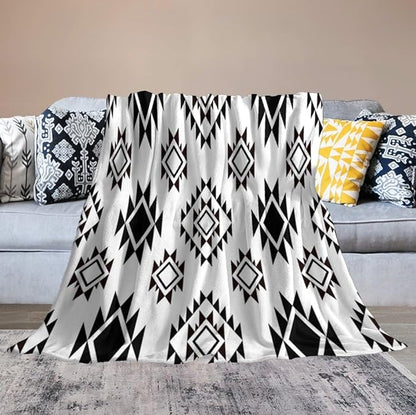 Boho Throw Blanket, Black and White Native Blankets, Vintage Tribal Aztec Printed Flannel Blanket for Chair Bed Sofa Couch 50"x60"