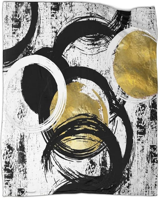 Black White Modern Abstract Warm Blanket 40x50inch(100x130cm),Gold Ink Geometric Texture Oil Painting Art Bed Blanket Lightweight Soft Cozy