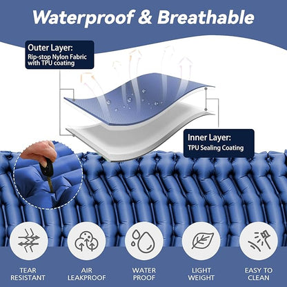 Sleeping Pad for Camping - Ultralight Camping Mattress with Pillow, Built-in Foot Pump, Compact Inflatable Portable Mat for Backpacking, Hiking, Car Traveling, Beach, Tent