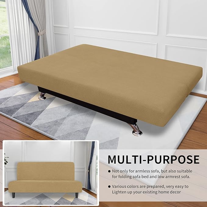 Easy-Going Stretch Futon Slipcover Armless Futon Bed Cover Furniture Protector Without Armrests with Elastic Bottom for Kids, Soft Jacquard Fabric Small Checks (Large, Golden)