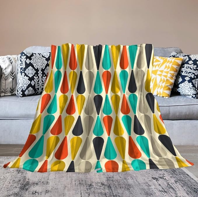 Mid Century Throw Blanket, Modern Drop Shape Retro Colors Boho Orange Teal Black Geometric Pattern Throws Blankets for aby Toddler Dog Cat 60"x80"