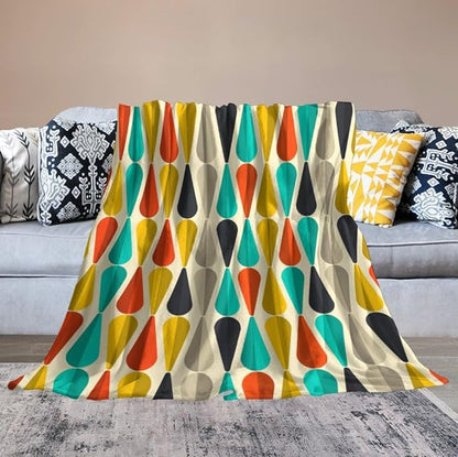 Mid Century Throw Blanket, Modern Drop Shape Retro Colors Boho Orange Teal Black Geometric Pattern Throws Blankets for aby Toddler Dog Cat 60"x80"