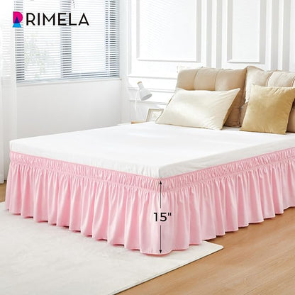 RIMELA Pink Bed Skirt Twin Size 15 Inch Drop, Elastic Bed Skirting for Bed Base and Frame, Bedding Dust Ruffle Easy to Install, Lightweight Wrap Around Adjustable Bedskirt