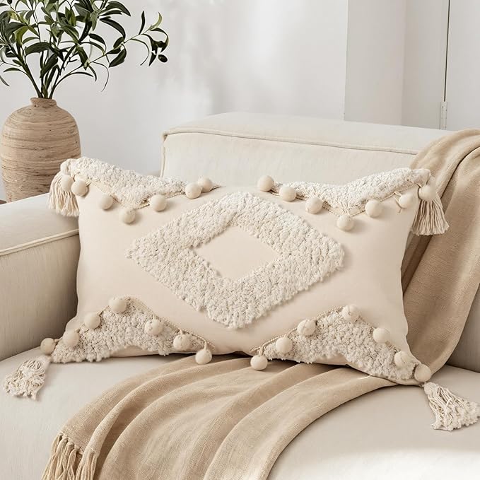 Boho Tufted Lumbar Throw Pillow Cover 12x 20 with Tassels, Pompom Diamond Farmhouse Neutral Pillow Cushion Cases, Decorative Pillows for Bed, Outdoor Couch Bedroom Car Cream