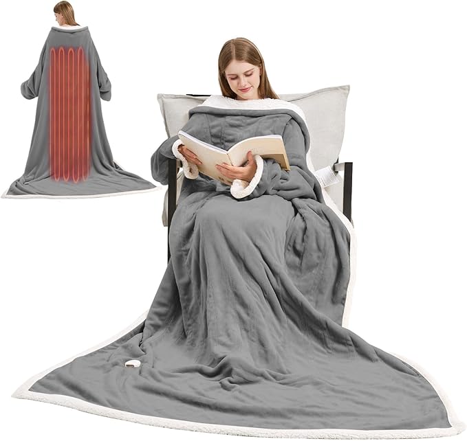 Heated Blanket, 55"×80" Wearable Electric Blanket with Sleeves, Sherpa Snuggle Throw Blanket, Warm Gift for Grandma, Mom, Dad, (Grey)