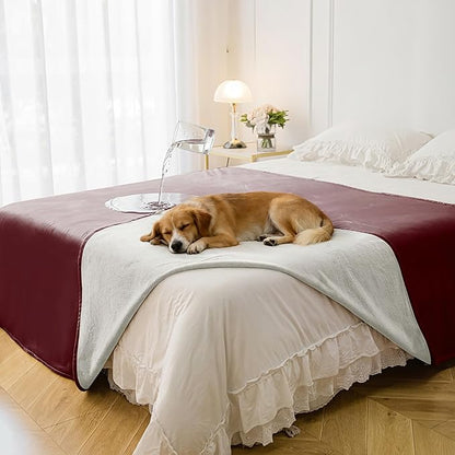 Waterproof Blanket for Bed, Leak Proof Dog Couch Blankets Reversible, Pet Throw Sofa Furniture Protector Machine Washable-82 x120,Burgundy Red+Cream