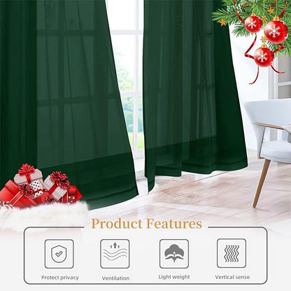 Sheer Curtains 72 Inches Long 2 Panels, Rod Pocket Short Curtain for Kitchen, Bedroom, Cafe Window(Foliage Green 38" W x 72" L)