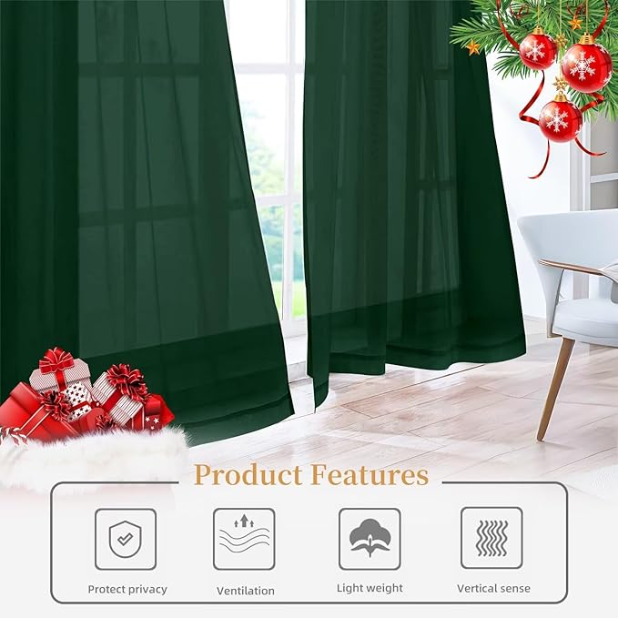 Sheer Curtains 63 Inches Long 2 Panels, Rod Pocket Short Curtain for Kitchen, Bedroom, Cafe Window(Foliage Green 38" W x 63" L)
