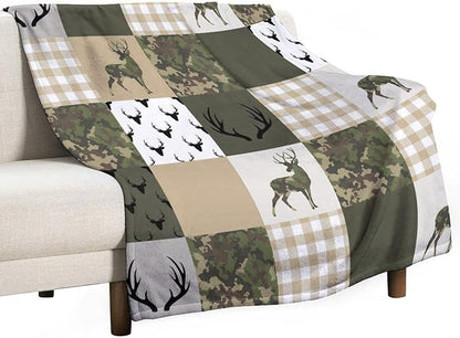 Camouflage Deer Blanket, Vintage Camo Green Beige Plaid Rustic Cabin Wildlife Hunting Blankets for Mens Room Bed Sofa, 30"x40"