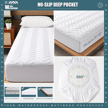 King Size Waterproof Mattress Protector Quilted, Breathable Ultra-Soft Filling Mattress Pad, Fitted Deep Pocket Mattress Cover Fits 6''-25'' Mattress White