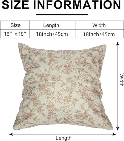Brown Floral Pillow Cover 18x 18 Set of 2, Vintage Block Print Blooming Flower and Bird Decorative Linen Pillow Cushion Case,Modern Home Decor for Outdoor Couch Bedroom Car