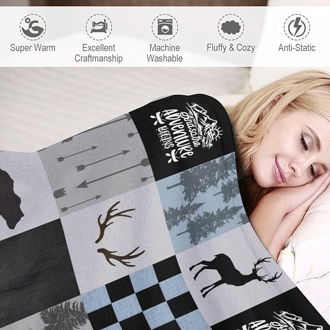 Bear Cabin Plaid Blanket, Rustic Retro Bear Deer Patchwork Gray Blue Farmhouse Throw Blanket for Couch Bed Living Room, 60"x80"