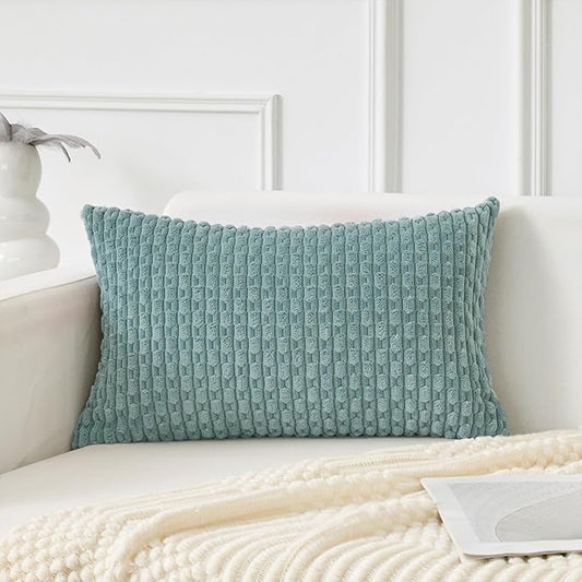 Kevin Textile 12x20 Inch Pillow Cover 1 Pack Boho Decorative Soft Striped Corduroy Lumbar Farmhouse Accent Rectangle Cushion Case for Living Room Couch Sofa Bed, Dusty Green