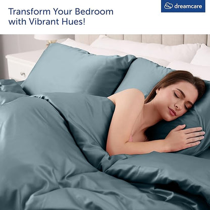 DREAMCARE Queen Size Sheets - Cooling Bed Sheets - 4pcs Set - up to 15" Deep Pocket Queen Sheet Set - Sheets Queen Size Bed - Soft & Long Lasting 100% Fine Microfiber with Side Pocket - Mineral Blue