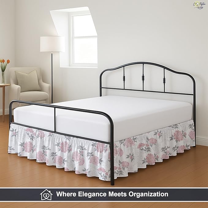 Cottington Lane Ruffled Bed Skirt Queen Size with Split Corner, Brushed Microfiber Hotel Quality Dust Ruffle, 15 Inch Drop Gathered Bedskirt, Soft, Stylish, Shrink & Fade Resistant, Blush Petals