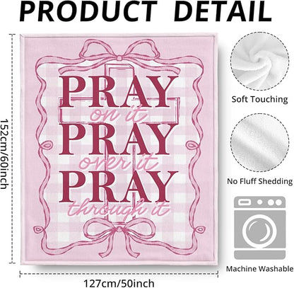 Pink Christian Blanket, Coquette Pink Bow Bible Verse Throw Blankets for Girly Room Bedroom Dorm Couch Bed Decor, Preppy Religious Scripture Blanket, Christian Gifts for Women, 50x60 Inch