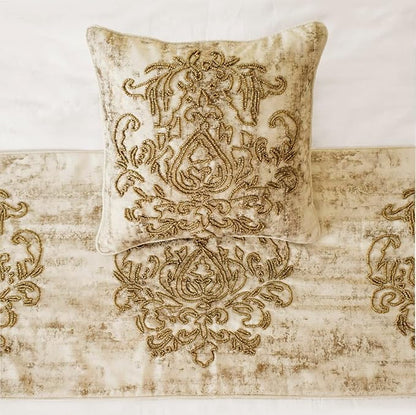 The HomeCentric King/Queen/Twin Ivory & Gold Designer Full 68"x18" Bed Runner with 2 Pillow Cover, Beaded & Foil Bed Scarf on Silk Fabric - Foil Damask Gold