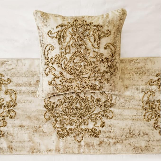 The HomeCentric King/Queen/Twin Ivory & Gold Decorative Queen 74"x18" Bed Runner Without Pillow Cover, Beaded & Foil Bed Scarf on Silk Fabric - Foil Damask Gold