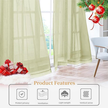 Sheer Curtains 63 Inches Long 2 Panels, Rod Pocket Short Curtain for Kitchen, Bedroom, Cafe Window(Sage Green 38" W x 63" L)
