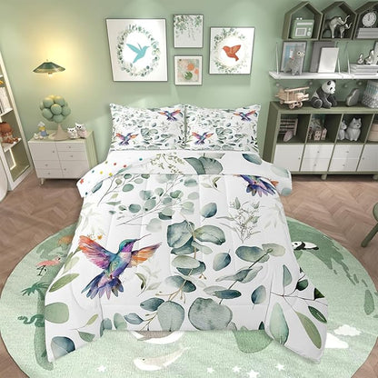Erosebridal Cartoon Hummingbird Queen Bedding Sets Toddler Wildlife Bird Comforter Set, Plant Down Comforter Eucalyptus Leaf Bedding Comforter Sets, Jungle Animal Theme Duvet Insert Kids Room Decor