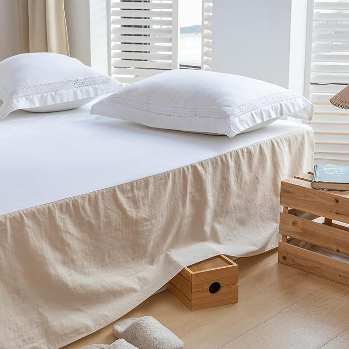 BISELINA French Linen Bed Skirt with Pleated Corner 18-Inch Tailored Drop Natural Flax Cotton Blend Basic Dust Ruffle Soft Cozy Farmhouse Bedding (18" Full, Basic Linen)