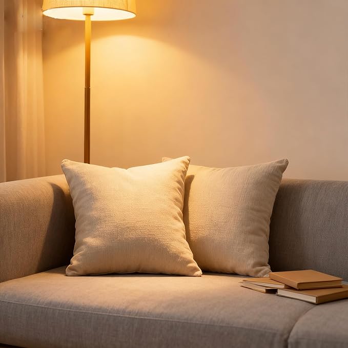 Throw Couch Pillow with Insert 18x18 Inches Set of 2 Square, Cute Modern Home Fall Decor for Living Room Sofa Bed Cushion Accent Case, Anthropologie Style Home Decor (Oatmeal #P2-01)