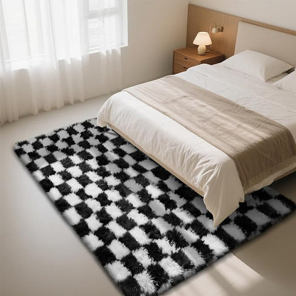 Checkered Rug for Living Room, 9x12 Black and White Area Rugs, Classic Checkered Carpets Shaggy Area Rug, Bedside Rugs for Living Room Bedroom Kids Room Home Decor