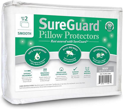 Set of 2 Body Size SureGuard Pillow Protectors - 100% Waterproof, Bed Bug Proof, Hypoallergenic - Premium Zippered Cotton Covers - Smooth