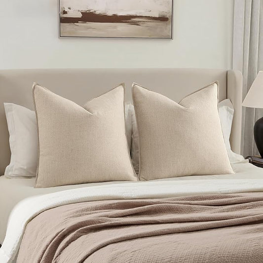 MIULEE Decorative Euro Sham Pillow Covers 24x24, 2 Pack Large Boho Farmhouse Neutral Throw Pillows for Bed, Thick Textured Modern Linen Cushion Cases Couch Sofa Living Room Home Decor, Natural Beige