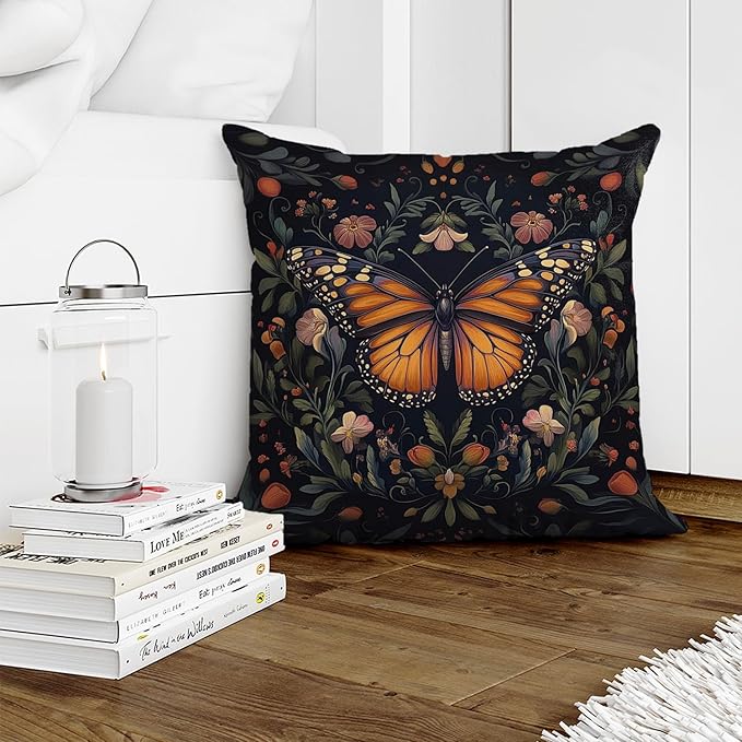 William Morris Abstract Vintage Floral Velvet Butterfly Design Throw Pillow Covers Home Decor, Retro Art Deco Pillowcase Cushion Cover for Bed Sofa Living Room, Square 18x18inch (Black-Butterfly)