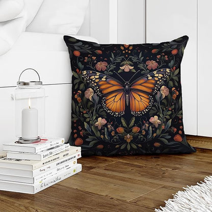 William Morris Abstract Vintage Floral Velvet Butterfly Design Throw Pillow Covers Home Decor, Retro Art Deco Pillowcase Cushion Cover for Bed Sofa Living Room, Square 18x18inch (Black-Butterfly)