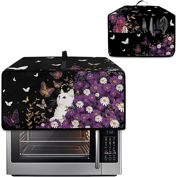 Toaster Oven Cover with Side Pockets, Dustproof Smart Microwave Convection Oven Cover with Handle, for Kitchen Decor, S, 14.5" x 18.5" x 9", White Cat Violet Daisy Butterfly Black