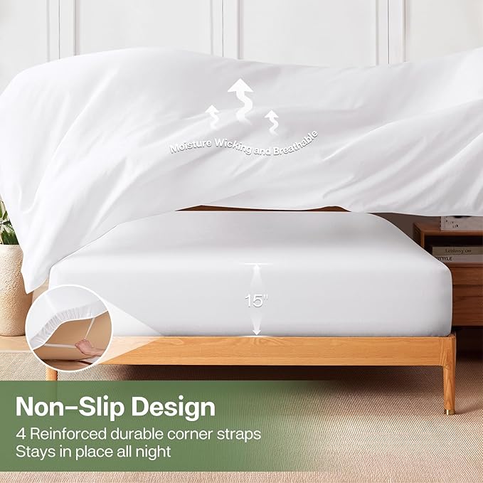 MR&HM King Fitted Sheet Only, Ultra-Soft Rayon Derived from Bamboo & Polyester Blend, Silky & Breathable, 15" Deep Pocket with Elastic Straps, Cooling Fitted Sheet for Hot Sleepers, White
