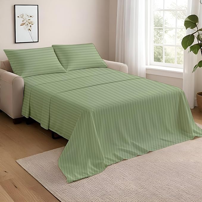 NON Sticky cotton Queen Size Sleeper Sofa Sheets, 4 Piece Egyptian Cotton Bed Sheet Set for Sofa Bed, 6" Deep Pocket Fitted Sheet for Pull Out Couch Mattress, 60" x 75", Sage Stripe, Soft & Breathable