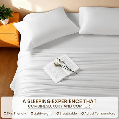 Luxury Mulberry Silk Modal King Size Sheet Set 4pc, Ultra Breathable & Cooling Bed Sheets for Hot Sleepers, Hotel Luxury Silky Bedding Sheets, 16" Deep Pocket(King,White)