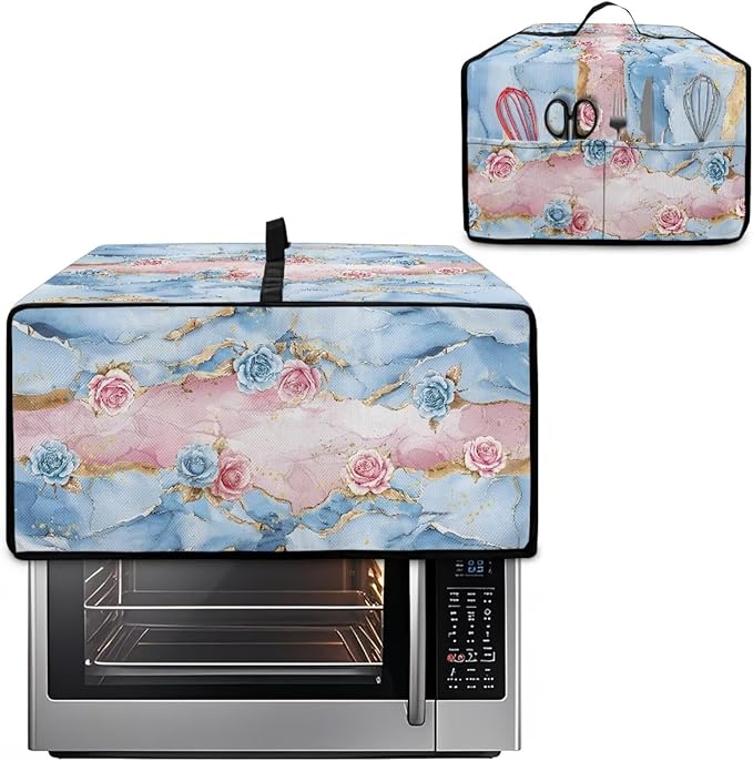 Rose Marble Texture Print Microwave Oven Grill Cover Protector Polyester-Linen Fabric Microwave Oven Dust Cover with Storage Bags Case Protections for Toaster Oven, M